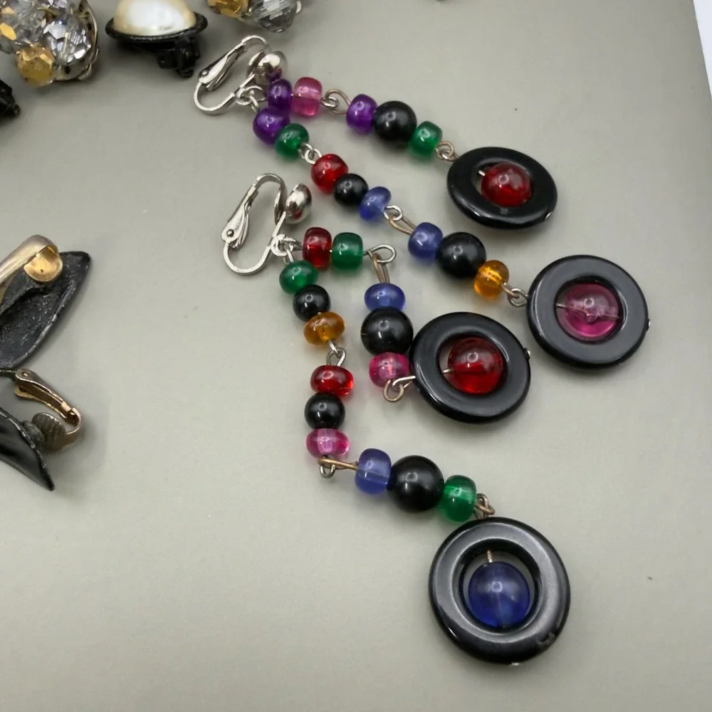 Vintage Clip On Earring Lot 13 Pairs 80s 90s Retro Geometric Pearl Beaded Black